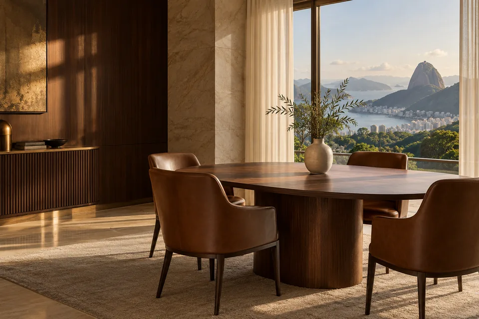 Sala de reunião com mesa de madeira, luz natural e vista arborizada