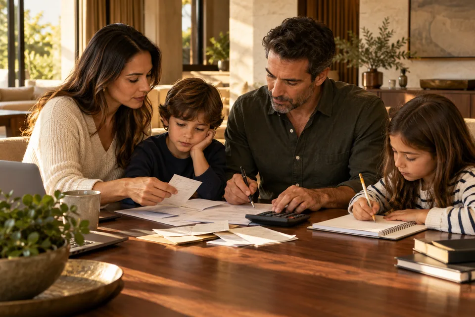 Calculadora, caderno escolar e documentos do orçamento familiar