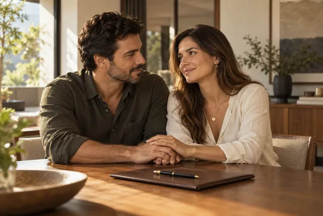 Casal de mãos dadas junto a documentos sobre a mesa de casa