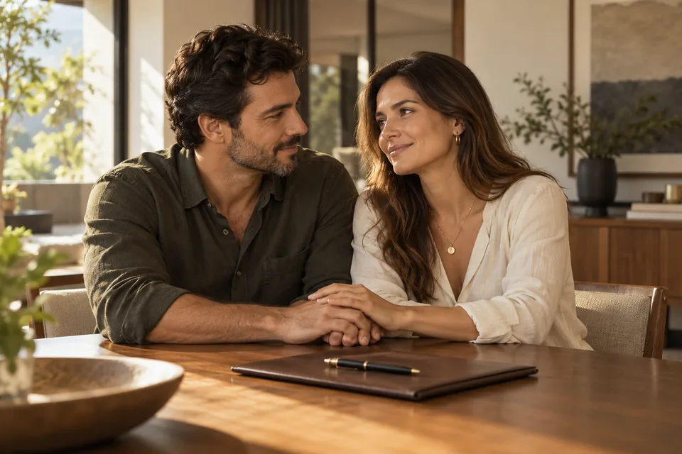 Casal de mãos dadas junto a documentos sobre a mesa de casa