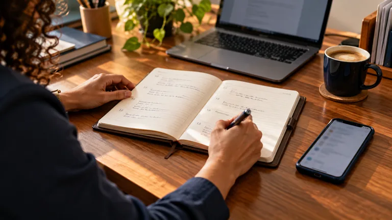 Caderno de anotações aberto com datas escritas à mão ao lado de um celular