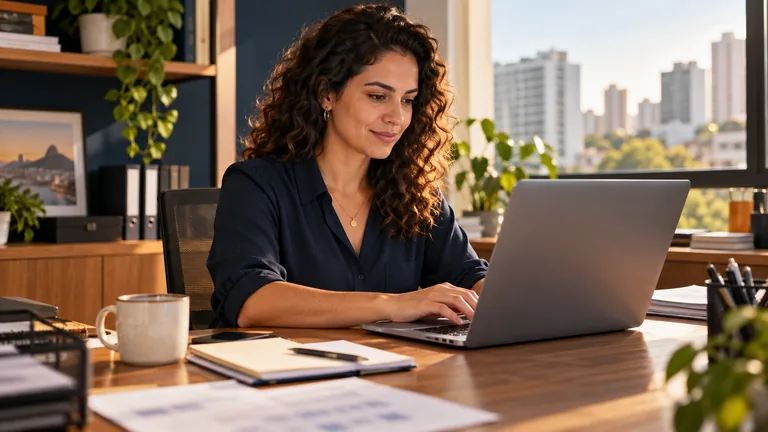 Profissional emitindo nota fiscal no notebook em mesa de escritório
