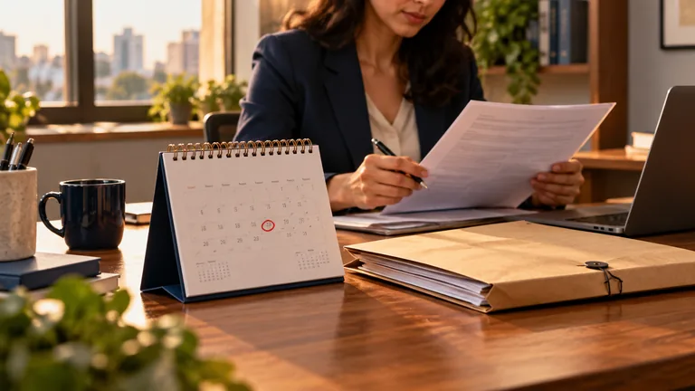 Calendário de mesa com data marcada ao lado de um envelope de documentos