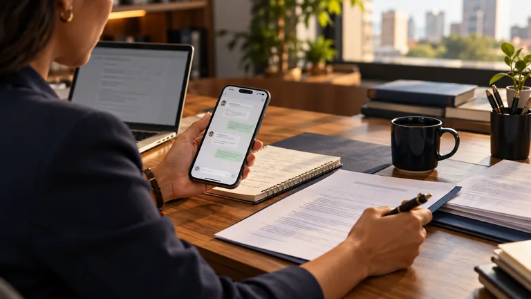 Celular com conversa de trabalho aberta ao lado de documentos impressos