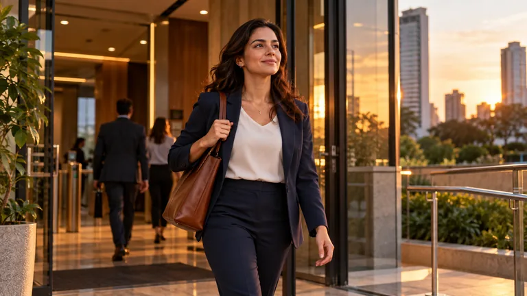 Profissional saindo do prédio da empresa ao entardecer com bolsa no ombro