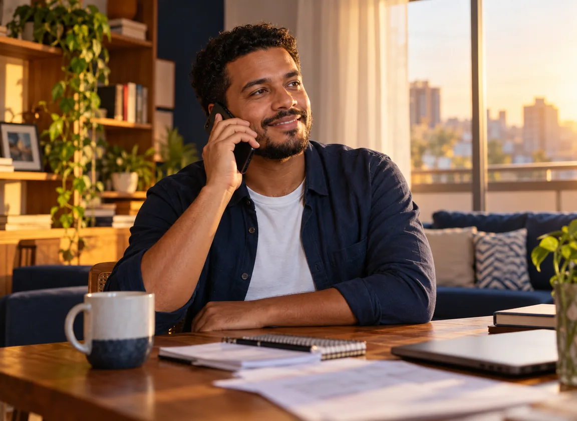 Trabalhador conversando pelo celular em casa, com expressão tranquila, em luz de fim de tarde
