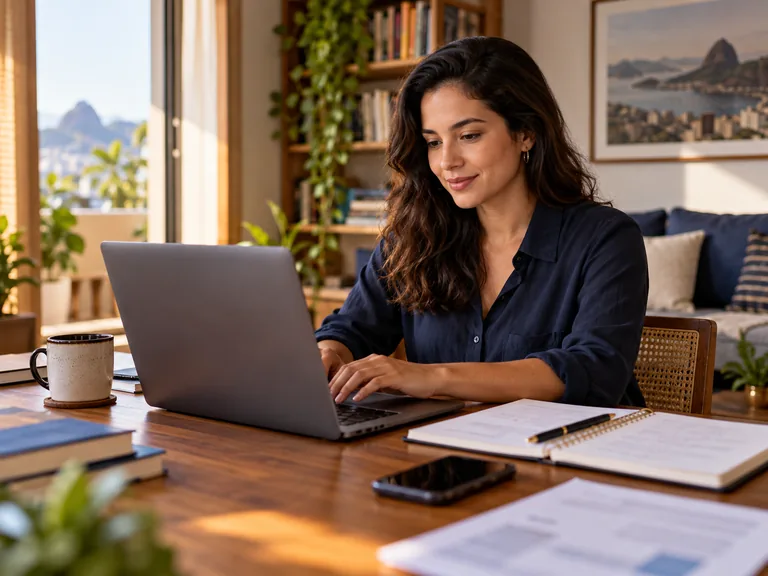 Profissional trabalhando em notebook em casa, com agenda e celular