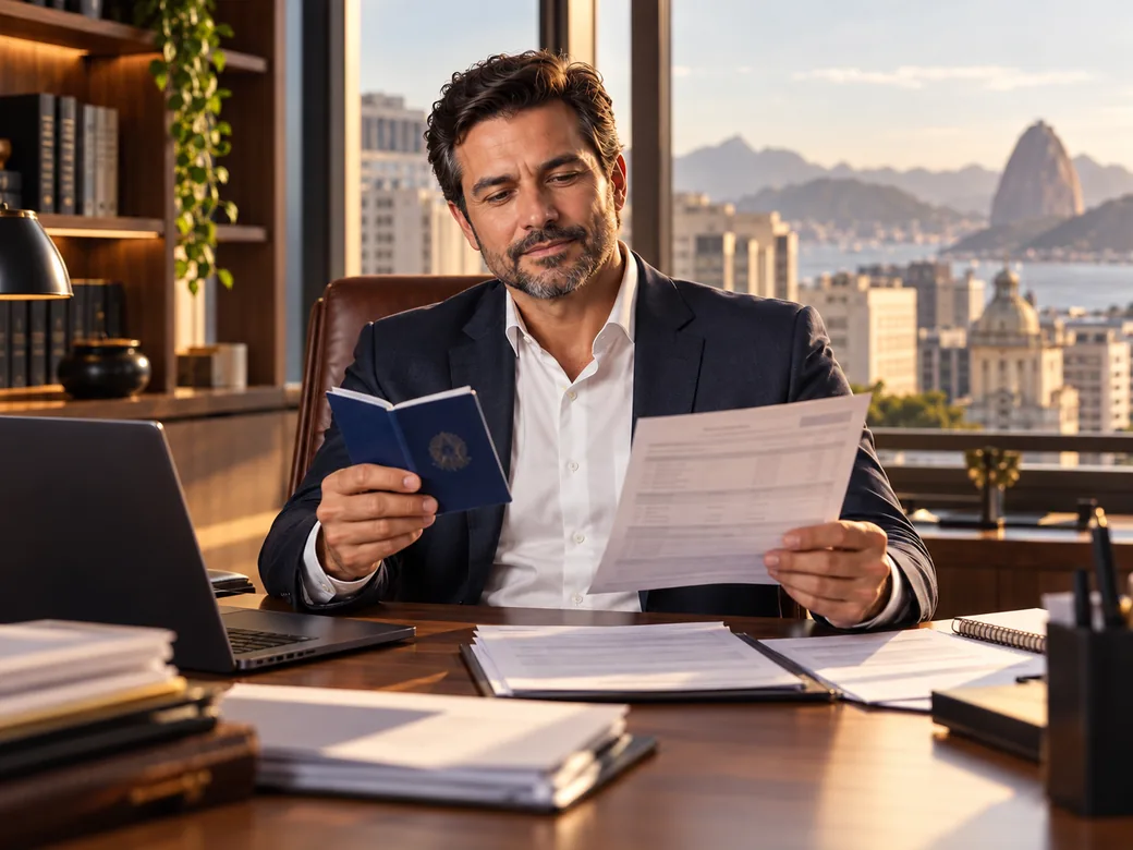 Advogado trabalhista analisando carteira de trabalho e holerites na mesa do escritório no Centro do Rio