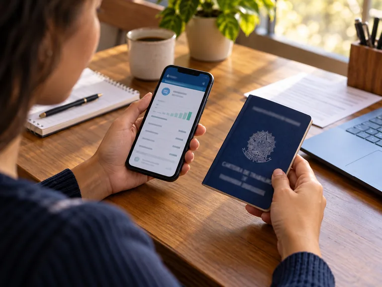 Celular exibindo extrato do FGTS ao lado da carteira de trabalho