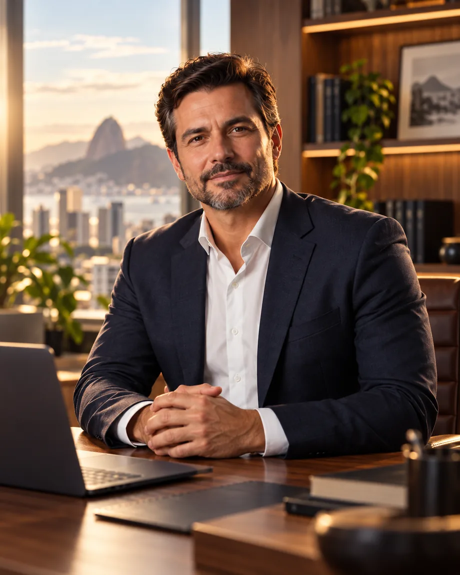 Retrato do advogado trabalhista André Valença no escritório no Centro do Rio de Janeiro